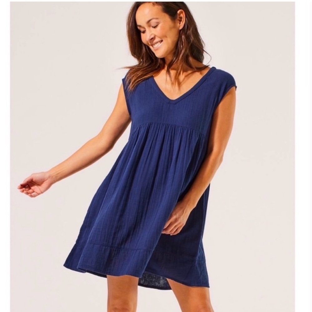 Pact 100% Organic Cotton Double Gauze Lightweight Coastal Mini Dress Blue Small